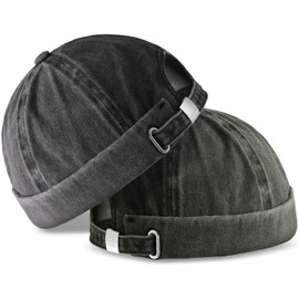2 Pieces No Brim Hats for Men Women Casual Brimless Caps Cotton Cowboys Beanie Adjustable Docker Hat Retro Visor-Less Flip Cap Cool Sailor Skullcap Rolled Cuff Harbour Beanies (Black, Army Green)
