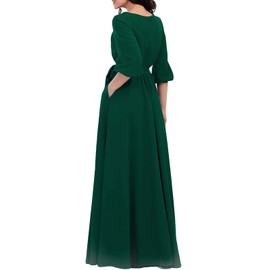 AOOKSMERY Women Elegance Audrey Hepburn Style Round Neck 3/4 Puff Sleeve Swing Maxi Dress Long Belt Dresses with Pockets (Olive, Large)