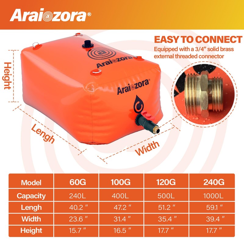 AraiozoraFoldable Water Bladder Tank,240 Gal/1000L Portable Large Capacity Soft Water