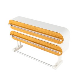 3-in-1 Wall Roll Holder Kitchen Roll Holder Cutting Dispenser for Aluminium Foil and Kitchen Roll - Wall Mountable Kitchen Shelf with Sharp Blades for Kitchen and Restaurant (Bamboo Wood Colour)