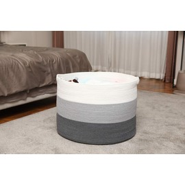 24" x 24" x 17" Max Size Large Cotton Rope Basket, Extra Large Storage Basket, Woven Laundry Hamper, Cloth Storage Bin, for Blankets Clothes Towels Pillows in Living Room, Grey/Dark Grey