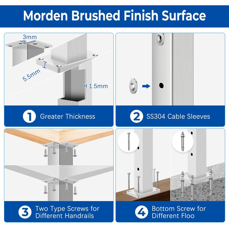 Gyykzz 42" Brushed Corner Post for Deck Cable Railing Kit
