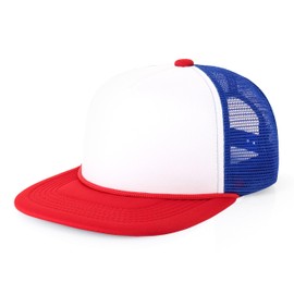 CHOK.LIDS Flat Bill Foam Top Hats for Men and Women Adjustable Snapback Trucker Hat Trendy Color Flat Brim Mesh Baseball Cap (White/Red/Royal)