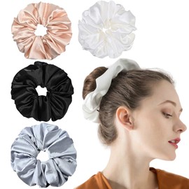 XINGNIAO Pack of 4 Massive Silk Scrunchies, Oversized Scrunchies for Thick Hair, Satin Scrunchies, Hair Bobbles for Women (Black/White/Grey/Pink)