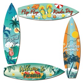 4 Pcs Surfboard Wall Hanging Sign Wooden Beach Decor Summer Themed Flip Flop Tropical Bar Wall Decor Welcome to Paradise Door Sign for Home Room Party Decor