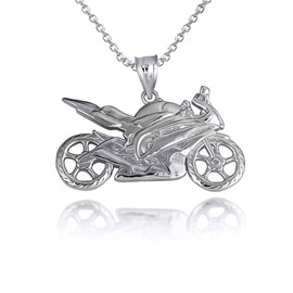 Motorcycle Biker Freedom Ride Pendant Necklace Fine with 16" Rolo Chain Real Solid 925 Sterling Silver