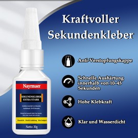 Nayrmaer 60g Sekundenkleber extra stark, Wasserfest Superkleber mit Antiverstopfungskappe, Alleskleber Extra Stark fr Plastik, Kunststoff, Glas, Holz, Metall uvm.
