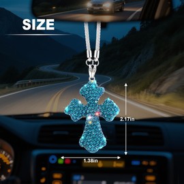 FALVFUN Bling Cross Car Rear View Mirror Hanging Ornament, Crystal Rhinestones Religious Vehicle Rearview Mirror Pendant Charm, Auto Interior Decoration Accessories, Universal Fit (Blue)