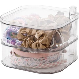 FABROK Organizador de accesorios para el cabello de 2 capas, gran contenedor giratorio de almacenamiento para diademas, coleteros, clips, soporte de corbatas de plástico para mujer, caja de cepillo