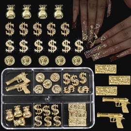 ZUMILLMN 25PCS 3D Gold Nail Charms for Alloy Nails,Set Nail Art Decoration with Cron, Dollar, Gun Nail Stones Nail Jewels Accessories for Nail Art Supplies Manicure Craft DIY(Set 1)