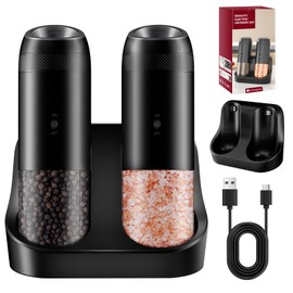 Salero y Pimentero Electrico Gravedad Activada, 176ML, Luz LED | 2 Piezas Molino de Sal y Pimienta con Base de Carga Dual USB, Aspereza Ajustable, Apt