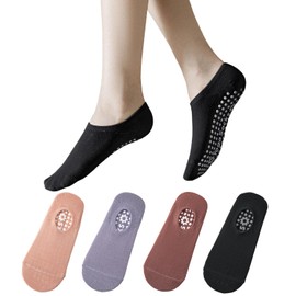 BANLMEYD 4 Pairs Yoga Socks for Women Non Slip Pilates Socks, Pink, Purple, Burgundy, Black, Comfortable for Pilates, Dance, Fitness, Travel, Trampoline, Running