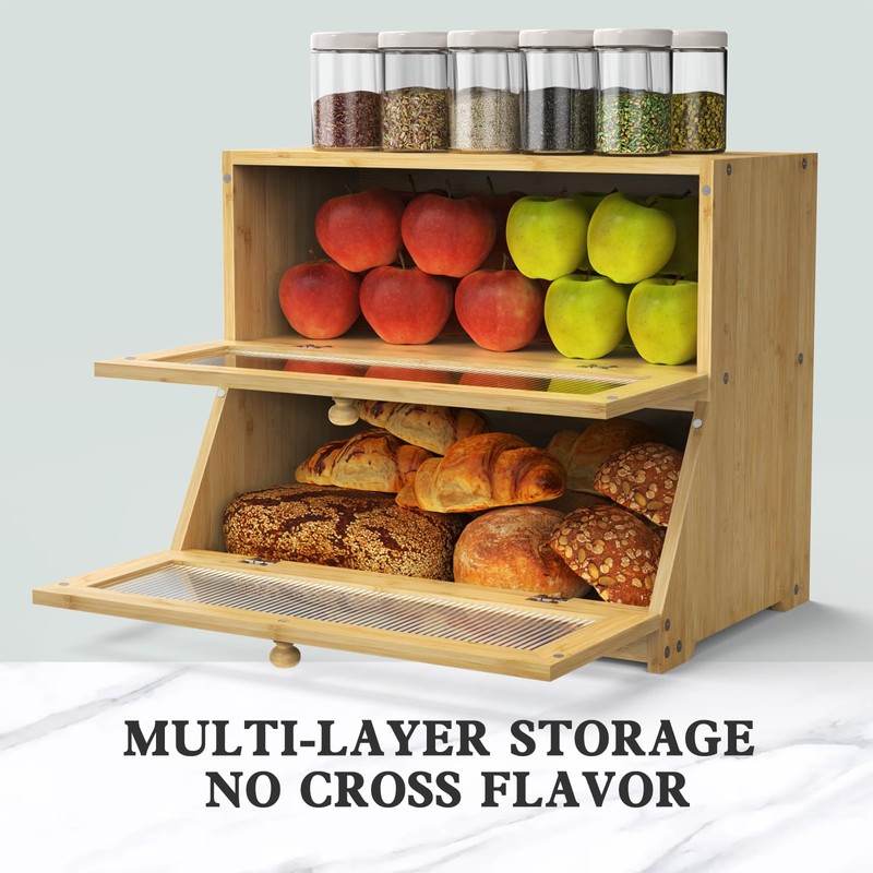 LOHASOK Bread Box for Kitchen Countertop: 2-Tier Bamboo Large Bread