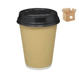 KV&C - 100 x 12oz / 360ml Kraft or Black Ripple Triple Walled Disposable Paper Coffee Tea Hot Drink Cups + Sip Through Black LIDS (Kraft (with Lids), 100)