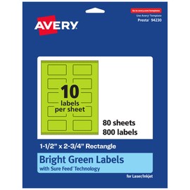Avery Printable Rectangle Labels with Sure Feed Technology, 1-1/2" x 2-3/4", Bright Green Labels, Print-to-The-Edge, Laser/Inkjet, 800 Total, Great for Mailing Labels and Pricing Labels