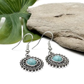 Round Turquoise Earrings, Tibetan Silver Charms with Blue Resin Stone on Nickel Free Hooks : 34mm long, Cute Boho Drop Earrings, Retro Gift for Women