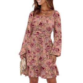 ANRABESS Womens Dress Long Lantern Sleeve Square Neck Elastic Waist Ruffle Flowy Swing A-Line Short Dresses 2025 Fall Fashion Print Rose Pink Small