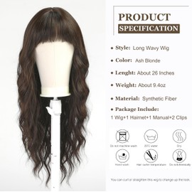 Esmee Long Wavy Black Brown Wig for Women Natural Synthetic Hair Heat Resistant Wigs with Fringe