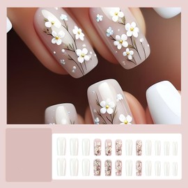 Spring Press on Nails Long Coffin Fake Nails White False Nails with Designs Cute Flower Stick on Nails Branch Glue on Nails Full Cover Glossy Acrylic Nails Fall Nails for Women Nail Art 24 Pcs