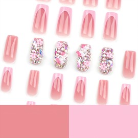 PDFADSK Pink Glitter French Tip Press on Nails Medium Square Fake Nails Glossy Rhinestones Full Cover Coffin False Nails with Rhinestones Flower Charms Design Acrylic Nails for Women Girls 24Pcs