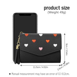 FuninCrea Women's Purse with Tassel Pendant, Folding PU Leather Purse Women's with Buckle, Three-Fold Purse, Women's Small Purse, Women's Heart-Shaped Pattern for Cash, Card, Coin, black, Fashionable