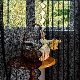 Draphelle 2 Panels Vintage Lace Curtains Black 54x84 inches(2 Panels), Romantic Semi Sheer Floral Lacy Curtains for Living Room, Elegant Window Drapes for Bedroom
