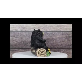 Papa Mama Black Bears and Cub Sitting On Log with Welcome Plank Sign Figurine