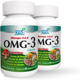 CMD - OMG-3 - Con Aceite de Pescado, Oliva, Linaza y Aceite de Cártamo - Omega 3, 6 y 9 - Suplemento Alimenticio - 1 Frasco de 60 Cápsulas