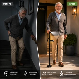 Folding Walking Cane for Seniors – Adjustable Aluminum Mobility Stick with LED Light & Alarm for Daily Support