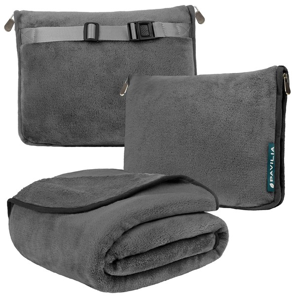PAVILIA Travel Blanket and Pillow, Dual Zippers, Clip On Strap, Warm Soft Fleece 2-IN-1 Combo Blanket Airplane, Camping, Car, Large Compact Blanket Set, Luggage Backpack Strap, 60 x 43 (Charcoal Gray)