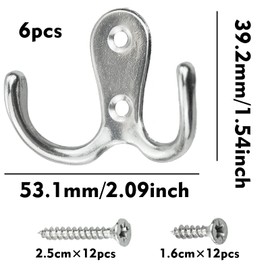 Coat Hooks, Silver, Pack of 6 Vintage Coat Hooks with Screws, Metal Double Hooks, Wall Hooks, Coat Hooks Wall for Bathroom, Kitchen (Silver, Pack of 6)