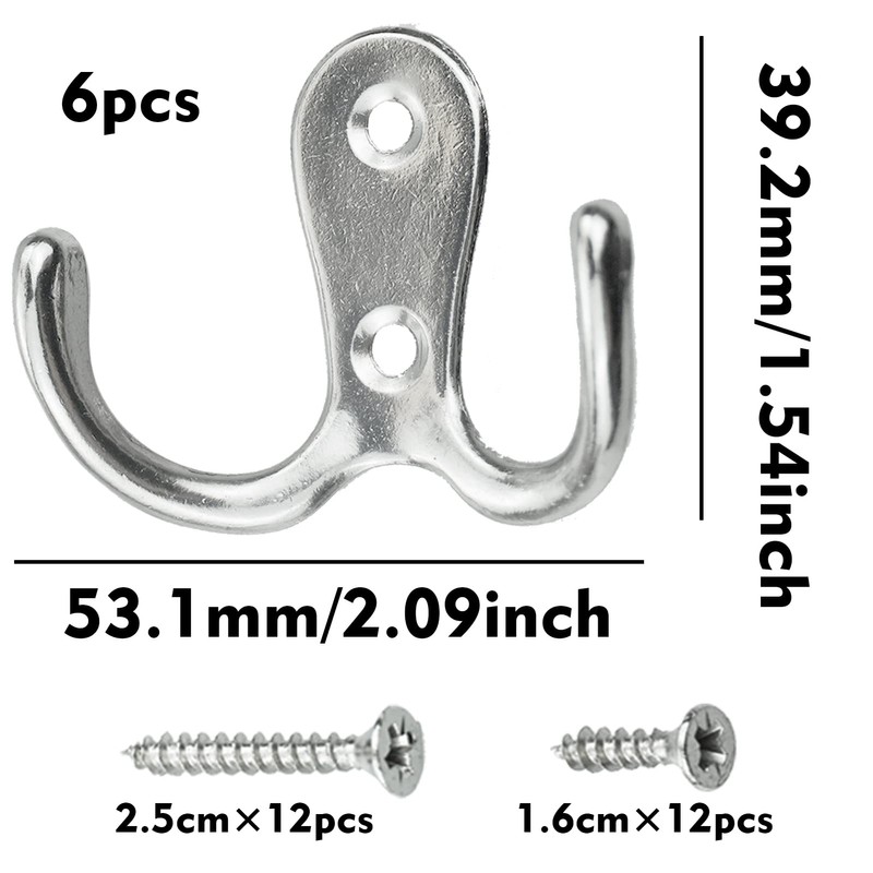 Coat Hooks, Silver, Pack of 6 Vintage Coat Hooks with