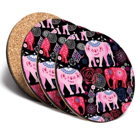 Destination Vinyl ltd Great Coasters (Set of 4) Round - Pink Indian Elephant Animals Drink Glossy Coasters/Tabletop Protection for Any Table Type #8405
