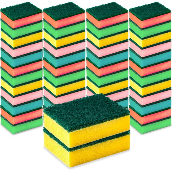 DecorRack 50 esponjas de limpieza para cocina, platos, baño, lavado de coche, un lado absorbente, almohadillas de esponja abrasivas, resistentes, colores surtidos (paquete de 50)