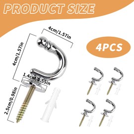 4 PCS Curtain Tieback Hooks, Silver Heavy Duty Tie Back Hooks U Shaped Curtain Tieback Hooks For Curtains Clothes Screw in Keys Coat Hanger Hook Wall Mounted Chrome Decorative Drapery Curtain Hooks