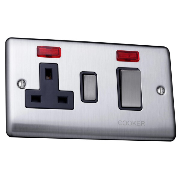 Caradok 45A switch+neon+13Aswitched socket+neon Brushed Chrome, Metal Switch, Grey Insert