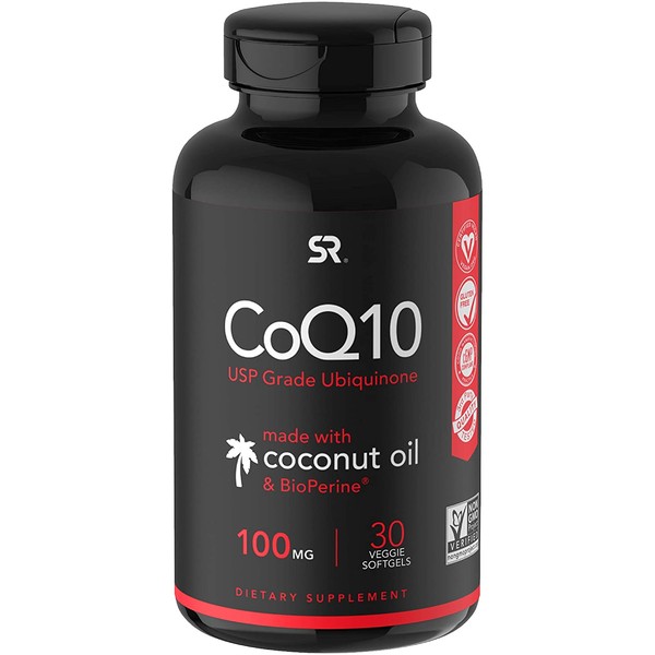 CoQ10 (100mg) Enhanced with Coconut Oil & Bioperine (Black Pepper) for Better Absorption | Vegan Certified and Non-GMO Verified (30 Veggie Softgels)