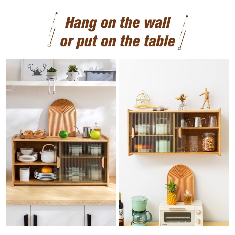 HollyHOME Small Bamboo Wall Mounted Kitchen Pantry Sideboard with 2