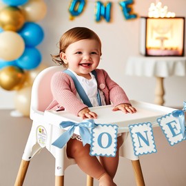One High Chair Banner Girls - Bow 1st Birthday Banner Baby Girl Fairy First Birthday Party Decorations Non-Toxic Fabric with Double Satin Bows (Blue)