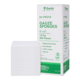 Oasis Gauze Sponges, 100% Cotton, Woven Non-Sterile Gauze (Pack of 200) (3"x3", 12-Ply)