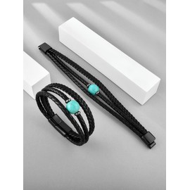 Starnny Men Turquoise Bracelet Leather Cuff Bracelet for Men 23cm
