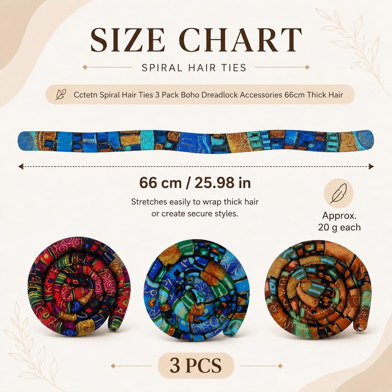 Cctetn 3 Pack Spiral Hair Ties Boho Accessories for Thick