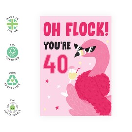 40th Birthday Card for Her – Oh Flock You're 40 Flamingo Pun - Gifts for Friends, Besties, BFF, Colleagues, Girlfriend, Wife, Sister, Coworkers, Neighbour, Ladies - Forty - Comes with Fun Stickers