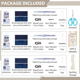 INFUNLY 3 Set Sashiko Drawstring Bag Kit DIY Sashiko Embroidery Bag Kit with Printed Fabric Sewing Handbag Kit Embroidery Starter Kit Needlepoint Sewing Bag Kit with Instruction for Beginner Adults