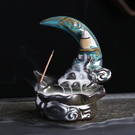 Ceramic Backflow Incense Holder Waterfall Moon Incense Burner, Aromatherapy Ornament Home Decor with 1 Tweezer 1 Mat 30 Backflow Incense Cones + 30 Incense Sticks
