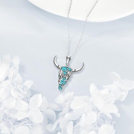 LWQQWL Cow Skull Necklace for Women 925 Sterling Silver Turquoise Pendant Cowboy Cowgirl Western Country Jewelry Gifts