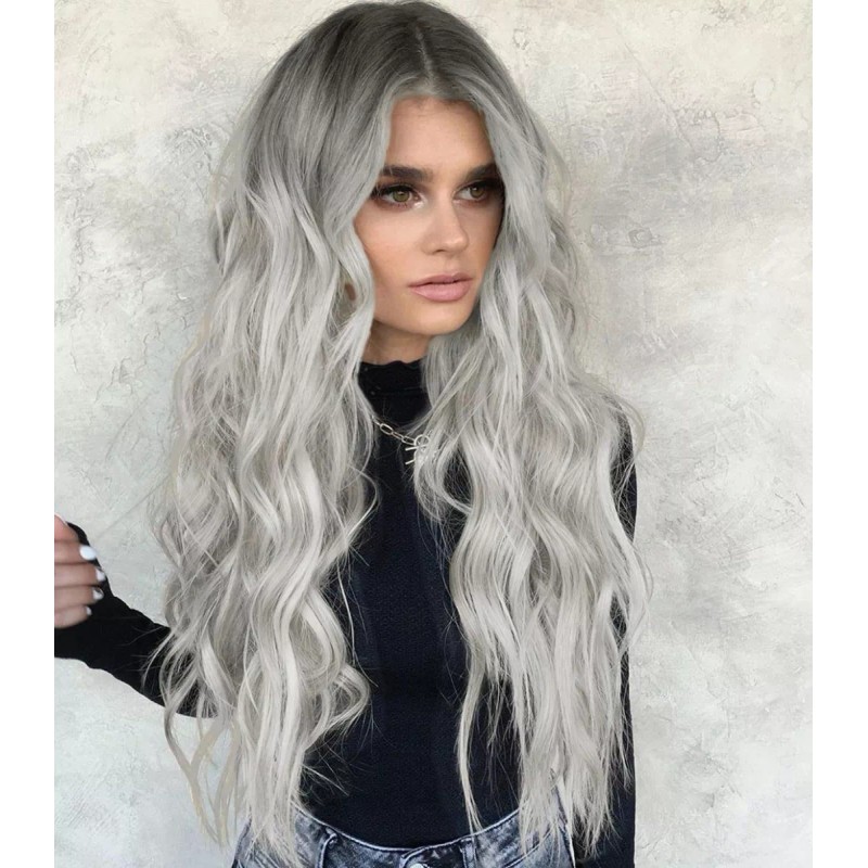 Darklove Peluca Larga De Mujer Color Gris Degradado Pelo Ola
