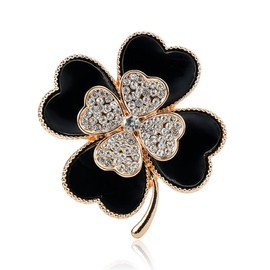 Crystal Black Four Leaf Clover Brooch Charm Rhinestones Lapel Pin Wedding Accessories for Women Clothing Bags Backpacks Gift