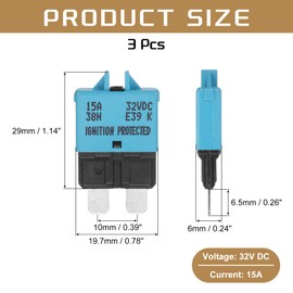 DMiotech 3 Pack Manual Mini Reset Fuse, 32V DC 15A ATC/ATO Auto Circuit Breaker Reset Fuses Low Profile Blade Fuses for Car Truck SUV Marine Boat Motorcycle, Blue