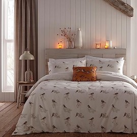 Dreams & Drapes - Chickadee Bird Duvet Cover - Single Bedding Size (140 x 200cm) - Soft Touch 100% Cotton - Reversible Design (Classic Stripe Bedding) - Garden Birds/Tits Bird Natural Duvet Cover